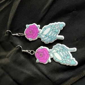 Hippy sun Skelton hand pink roses death punk skull Halloween earrings